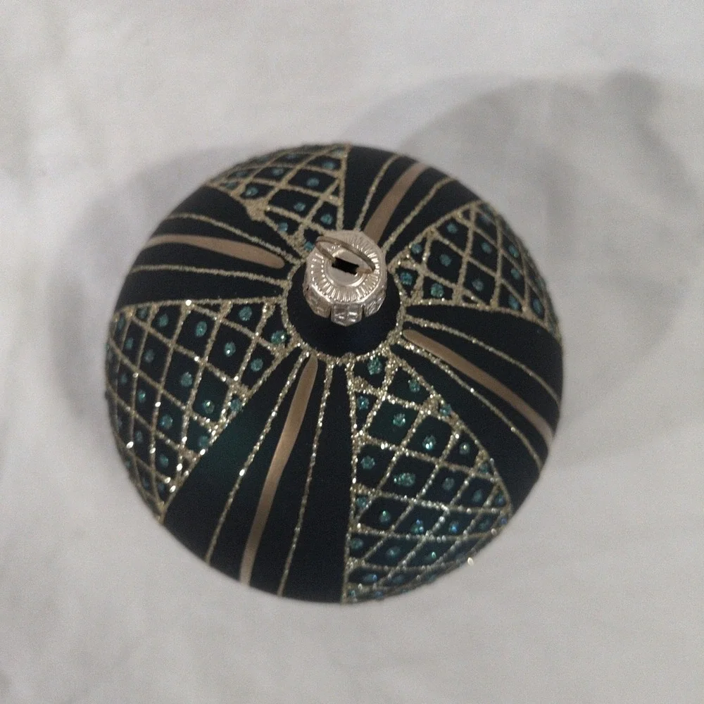 Emerald Green Glass Christmas Ball Ornament Gold Lattice Teal Glitter 3.25